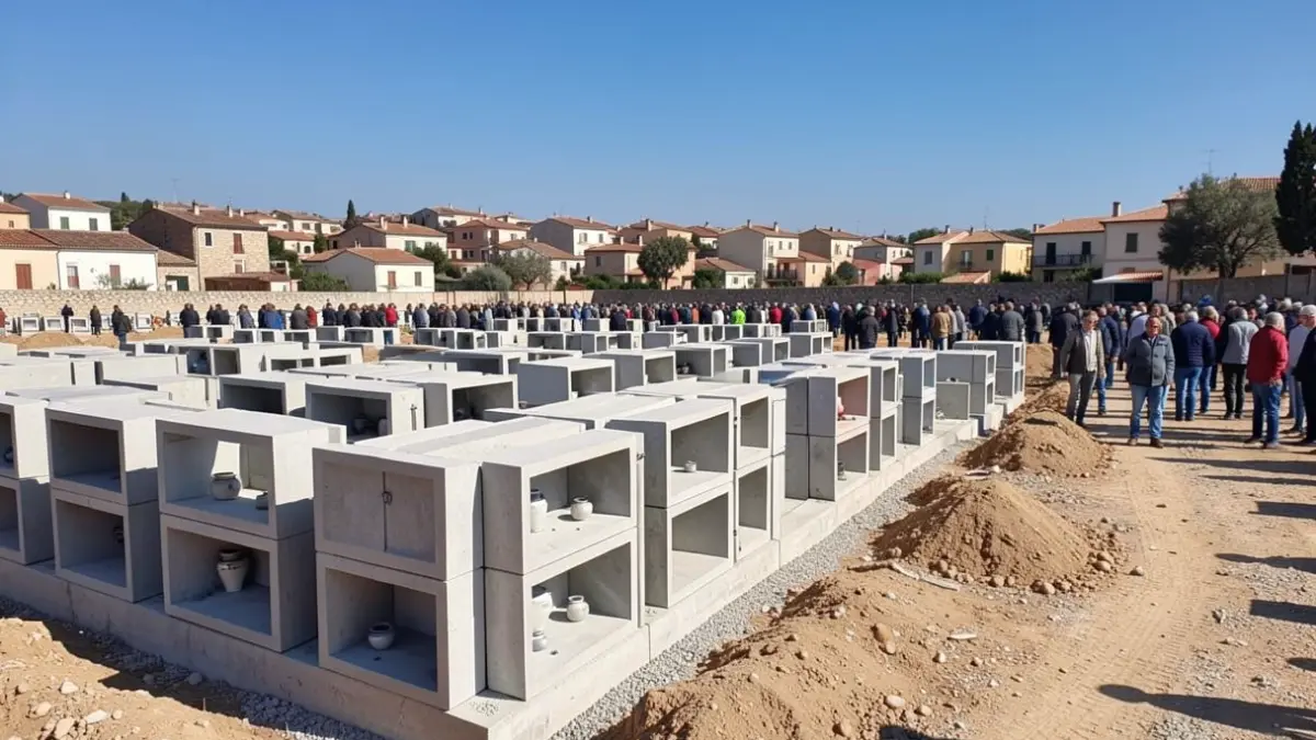 Generic image of a cemetery expansion construction site with prefabricated burial niches and urn compartments.