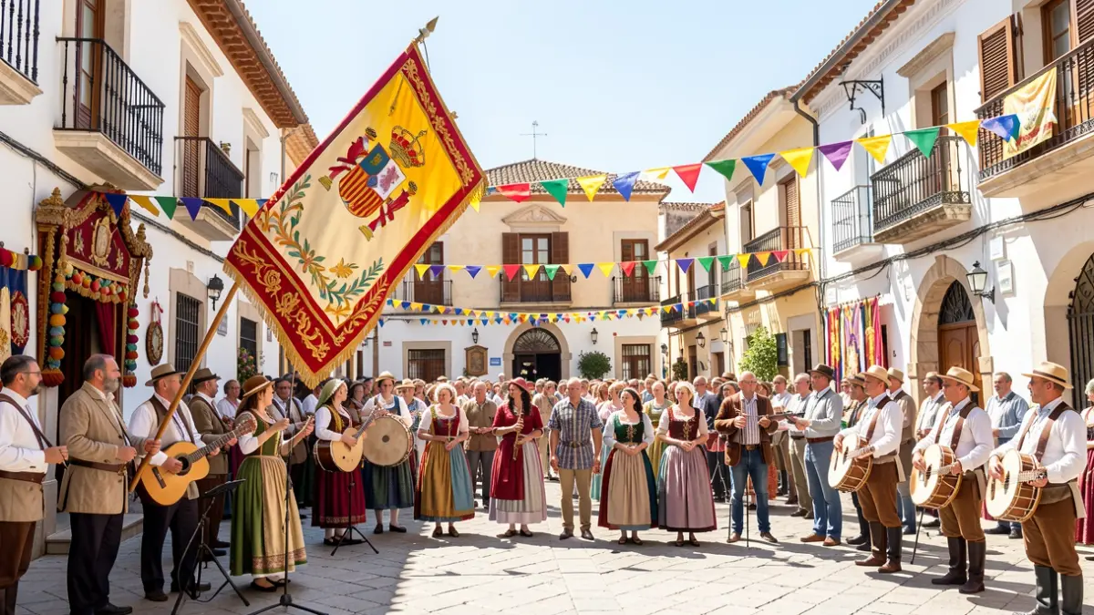 Imatge genèrica d'una plaça valenciana engalanada per a una festa local amb la Senyera Municipal.