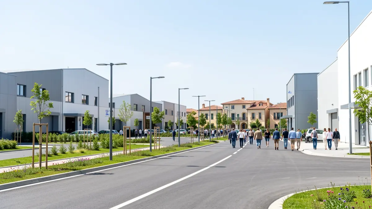 Imatge genèrica d'un polígon industrial modern amb vials renovats i zones verdes.