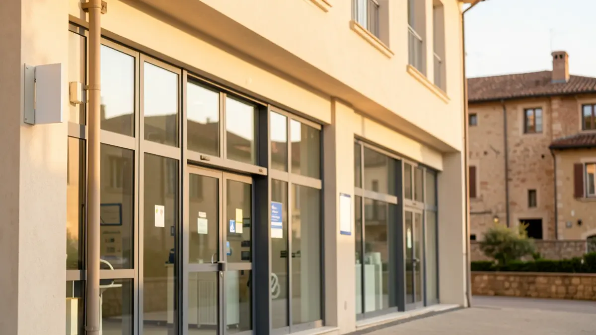 Generic image of a modern healthcare building with clear signage, illuminated by late afternoon light.