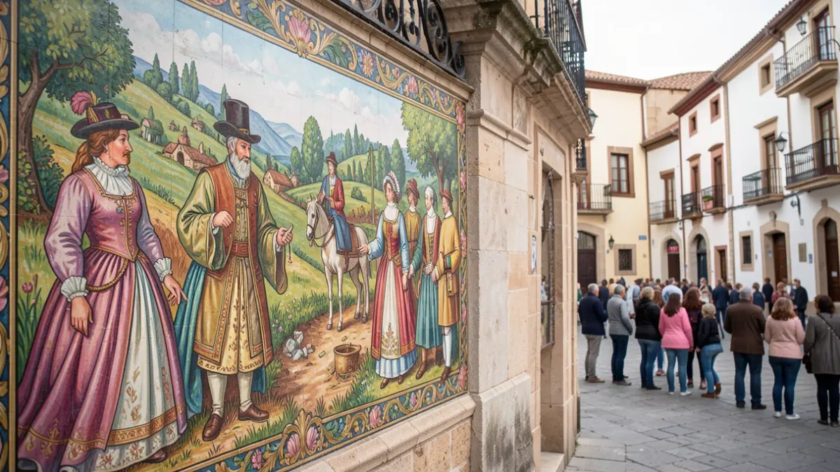 Imatge genèrica d'un mural artístic amb figures històriques i paisatges rurals valencians en una plaça de poble.