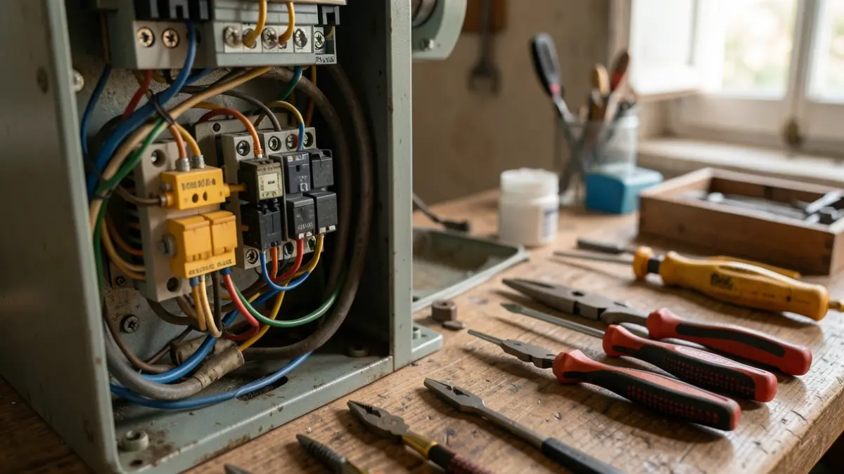 Generic image of electrical components and tools in a workshop.