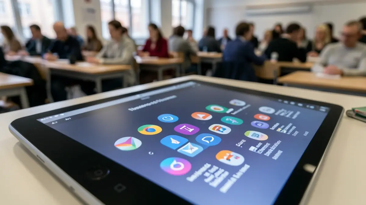 Generic image of a digital tablet with media icons and a blurred classroom setting.