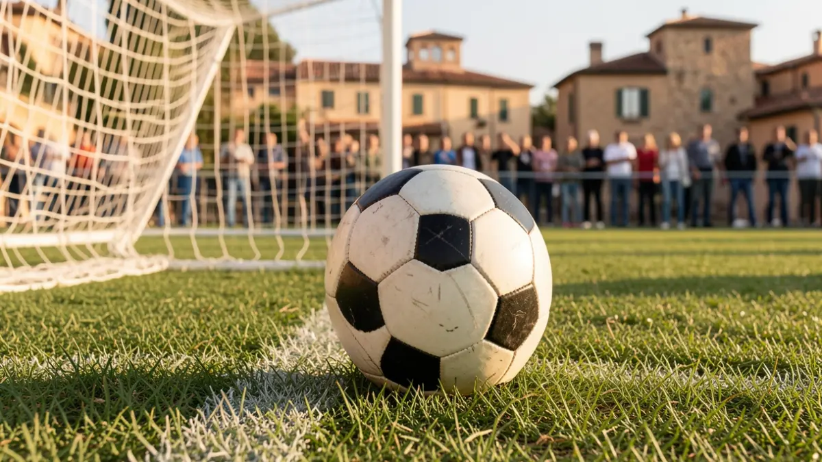 Imatge genèrica d'una pilota de futbol sobre gespa, amb la xarxa de la porteria desenfocada al fons i arquitectura mediterrània a la distància.
