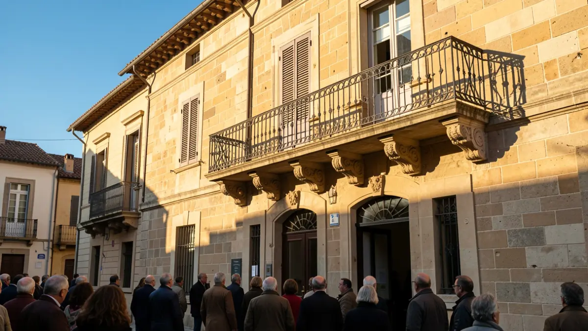 Generic image of a municipal building facade with a balcony and sunlight.