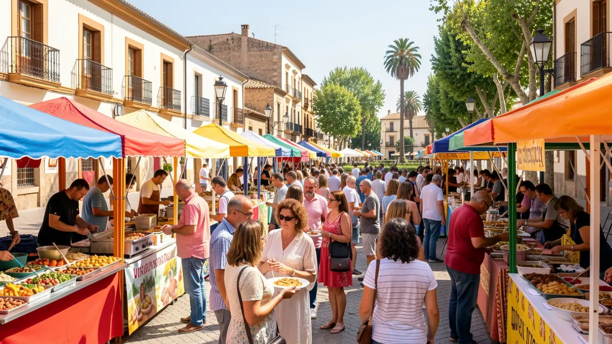 Generic image of a gastronomic fair in Utiel with stalls and people.