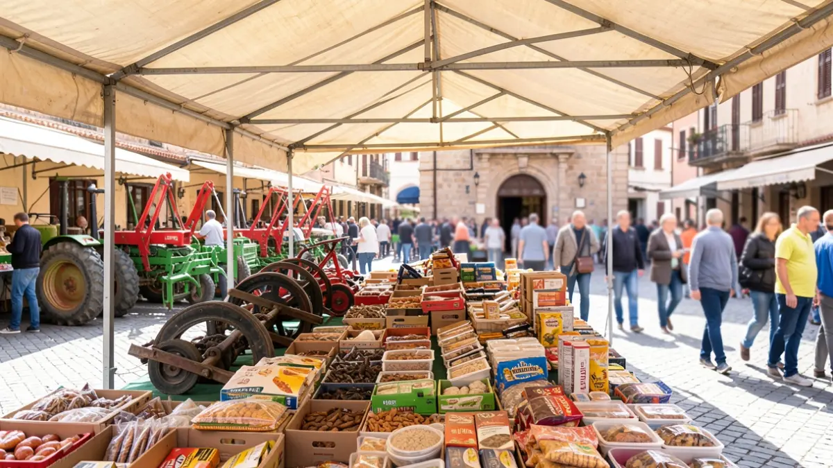 Imatge genèrica d'un mercat cobert amb parades de menjar i maquinària agrícola.