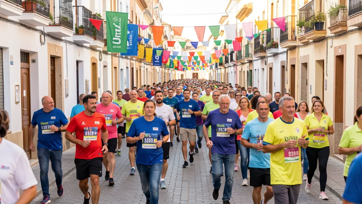 Image of a solidarity event in Utiel with participants walking and running through the streets.