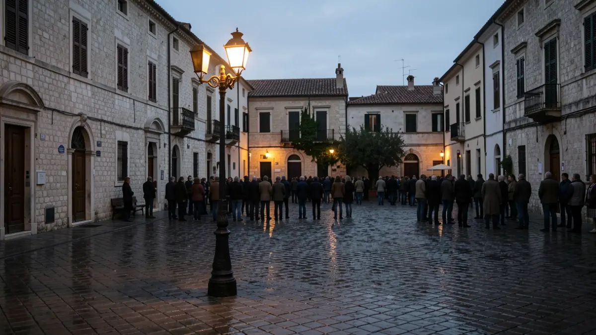 Generic image of a Mediterranean town square at dusk, with an ornate lamppost illuminating the wet pavement.