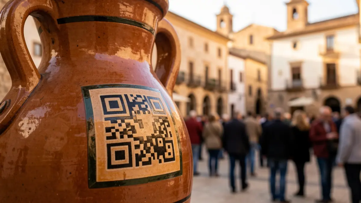 Imatge genèrica d'un codi QR integrat en una reproducció d'una boca de tinaja, amb arquitectura de fons.
