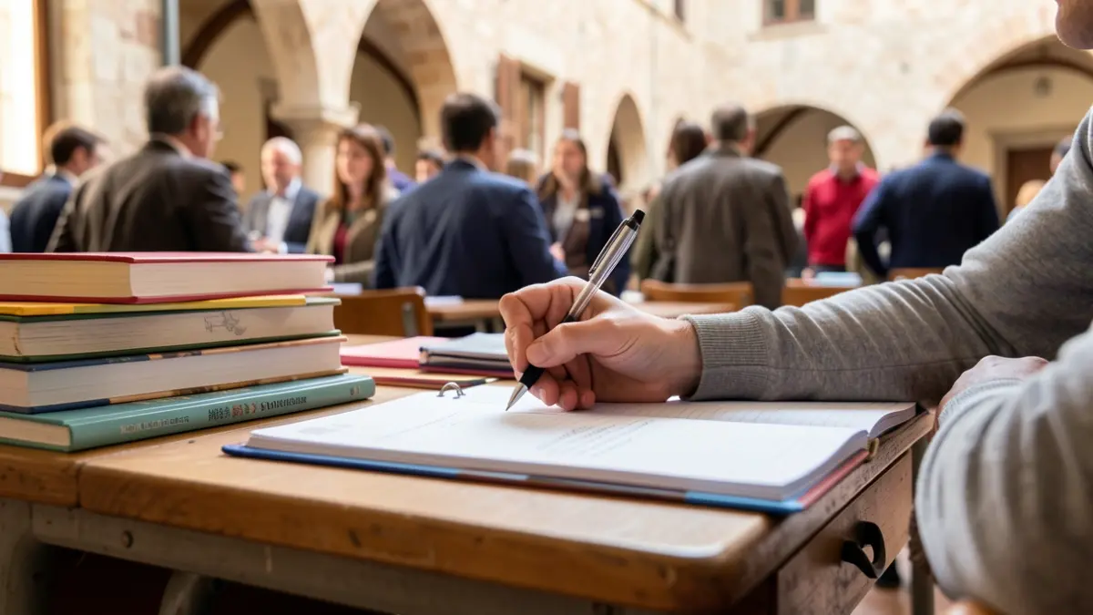 Imatge genèrica d'un escriptori escolar amb llibres i un bolígraf, il·luminat per llum natural.