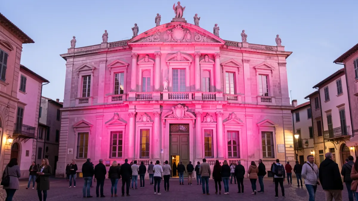 Imatge genèrica d'una façana d'ajuntament mediterrani il·luminada de rosa al capvespre.