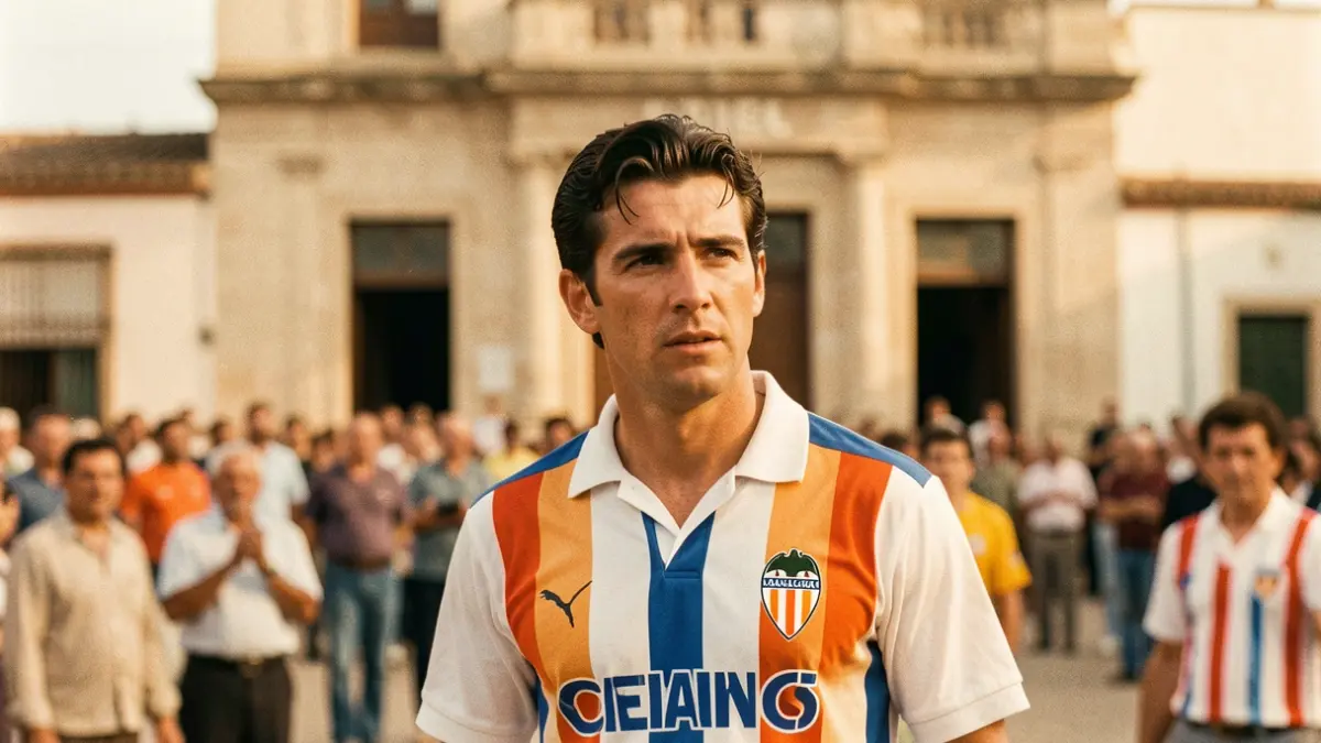 Generic image of a historic Valencia CF footballer in front of the Utiel Town Hall.