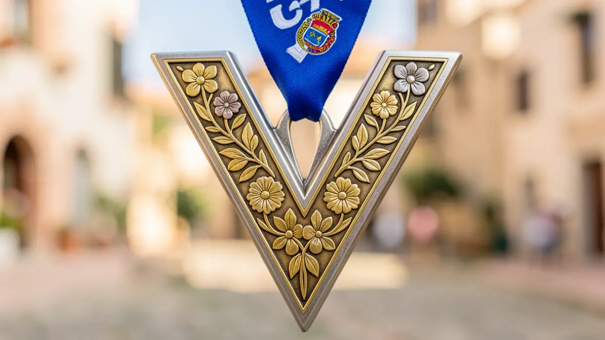 Imatge d'una medalla del Campionat d'Europa Indoor València 2027, amb disseny inspirat en la seda fallera.