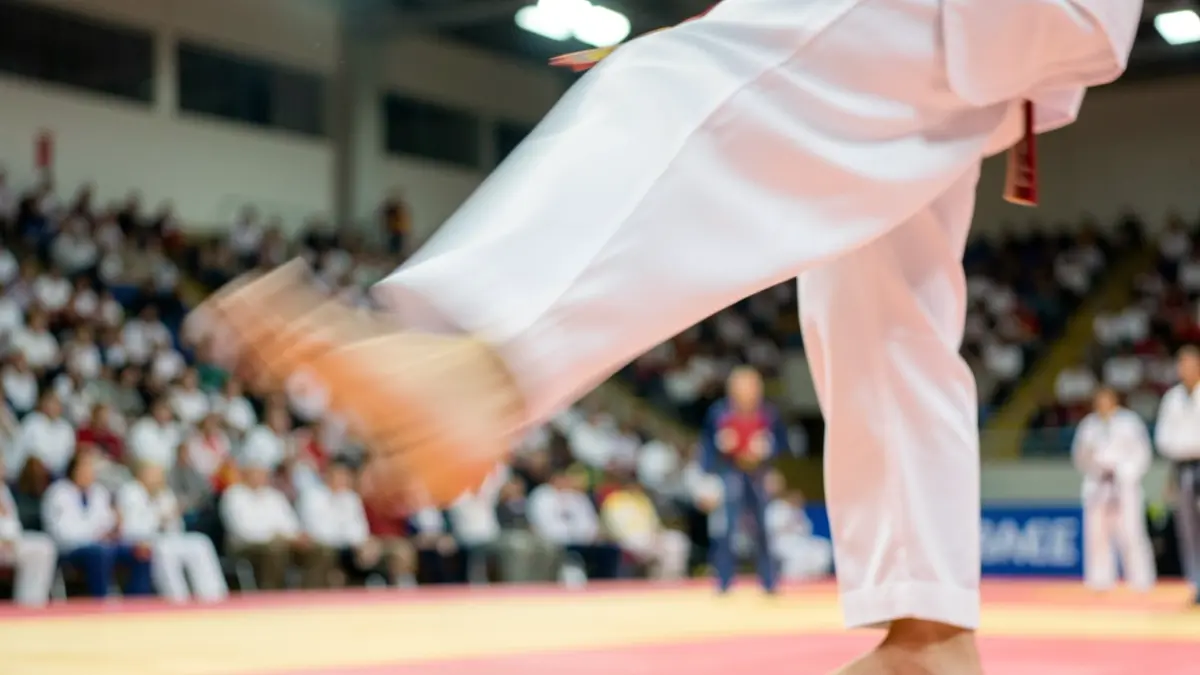 Imatge genèrica d'una patada de taekwondo en un pavelló esportiu.