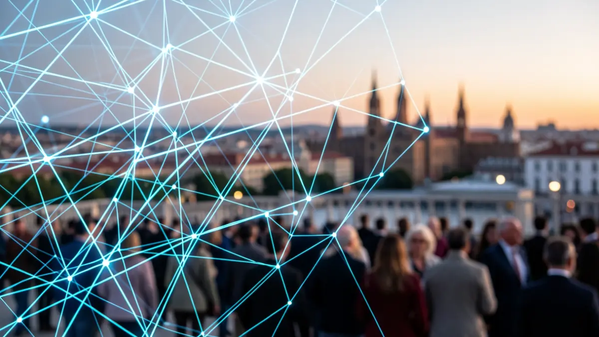 Generic image of a technological ecosystem with the Valencia skyline at dusk.