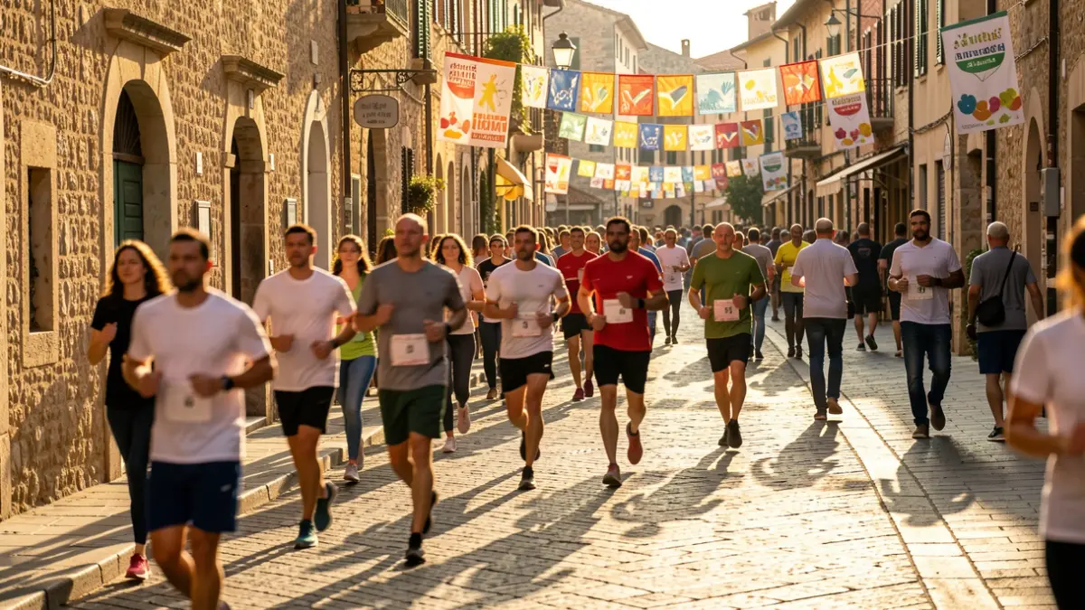 Generic image of a charity run in a Mediterranean urban setting, with participants and banners in the background.