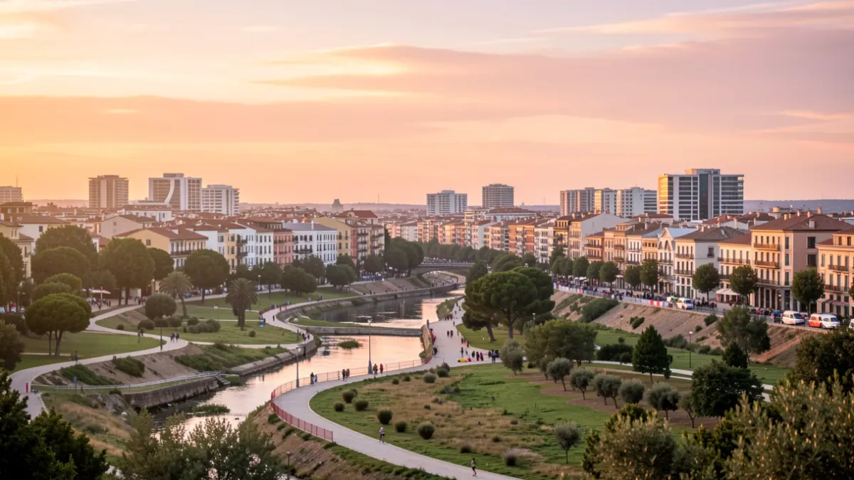 Imatge genèrica d'un paisatge urbà mediterrani a l'albada, amb el llit del riu Túria i arquitectura moderna.