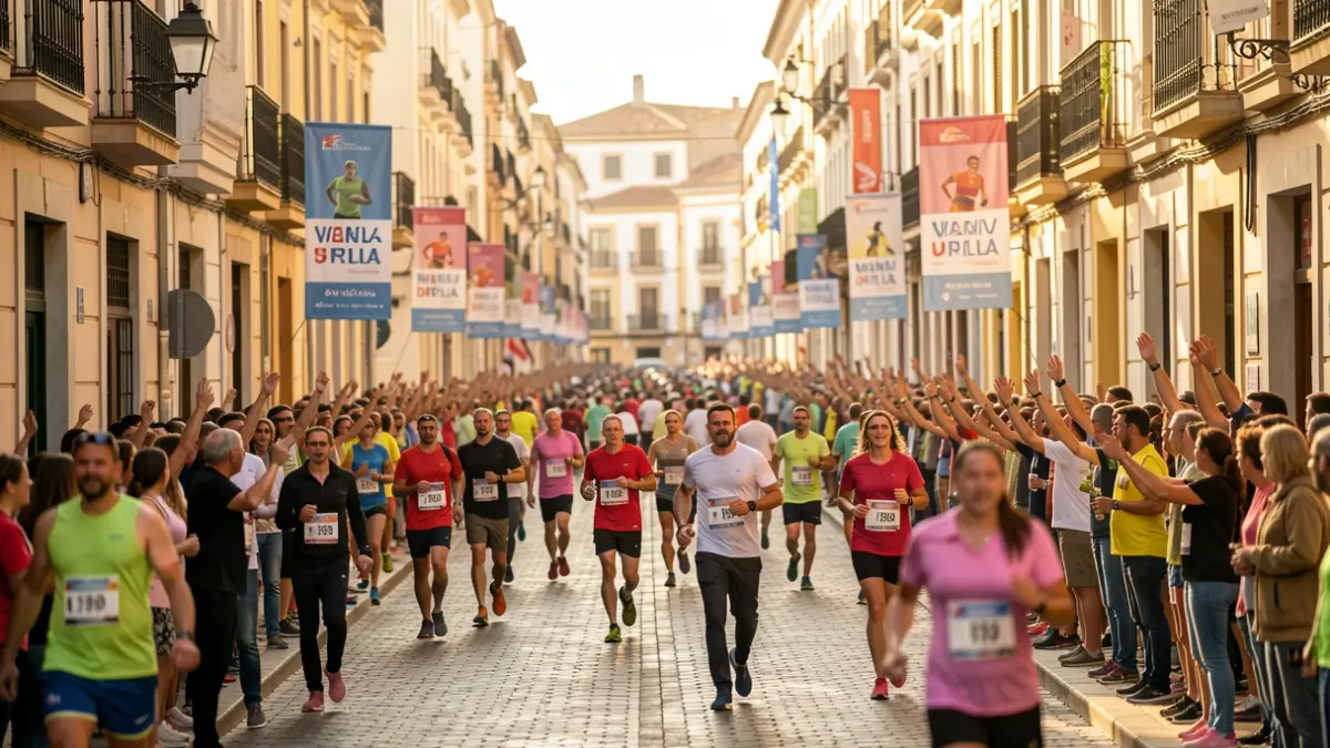 Imagen genérica de una calle de València con pancartas de maratón y gente animando al fondo.
