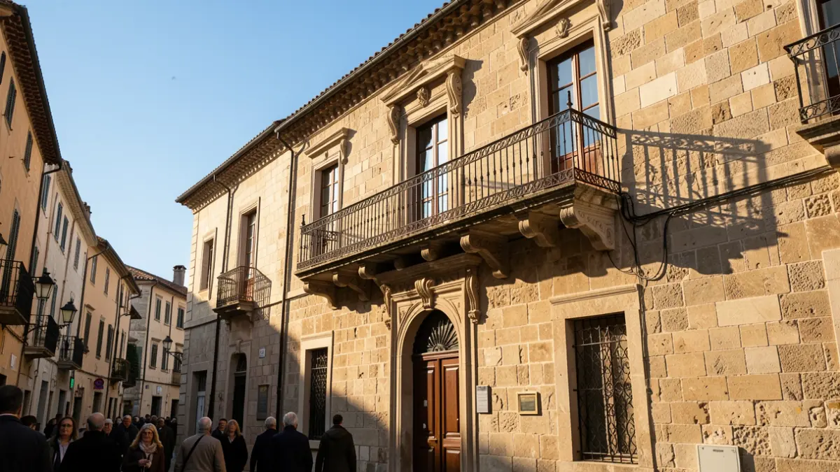 Imatge genèrica d'un edifici municipal amb balcó i baranes de ferro, il·luminat per la llum càlida de la vesprada.