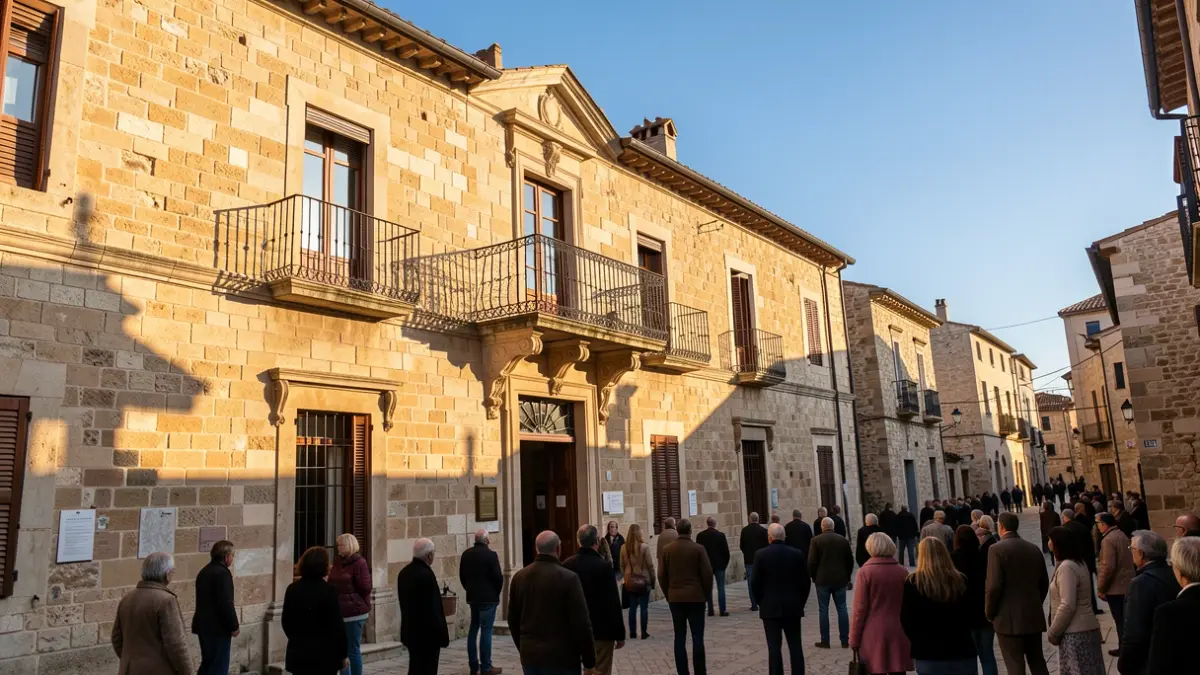 Imatge genèrica d'un edifici municipal amb balcó i baranes de ferro, il·luminat pel sol de la vesprada.