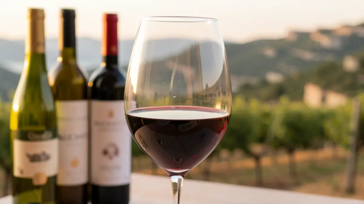 Copa de vino de la DOP Vinos Alicante con botellas y paisaje alicantino al fondo.