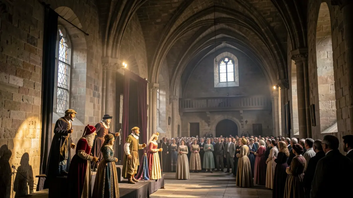 Generic image of an interior of a historic castle in la Comunitat Valenciana with dramatic lighting and shadows, suggesting a theatrical performance with puppets and costumed figures, no people visible.
