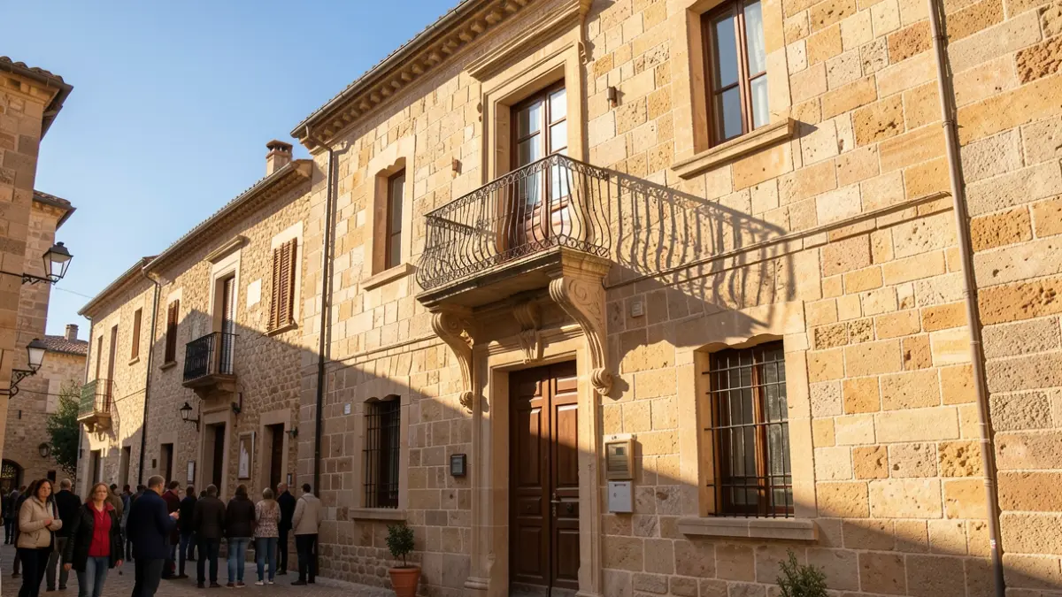 Generic image of a municipal building with a balcony and iron railings, illuminated by warm afternoon light.