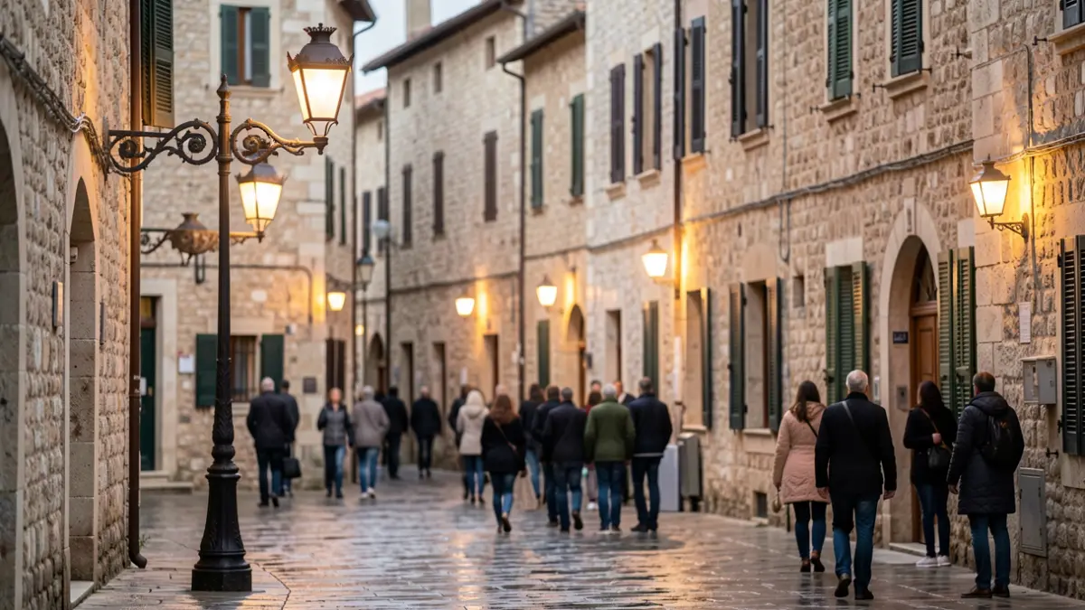 Imatge genèrica d'una plaça de poble mediterrani amb arquitectura tradicional i enllumenat públic.