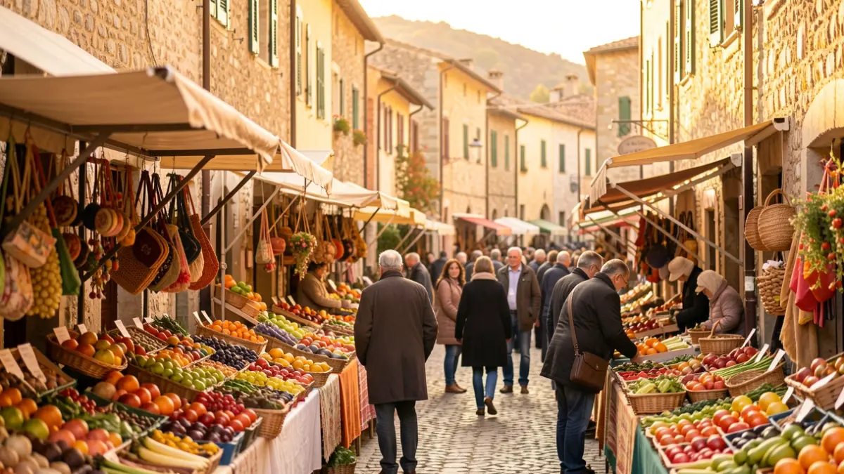 Imatge genèrica d'un mercat de tardor en un poble mediterrani amb parades de productes locals i arquitectura tradicional.