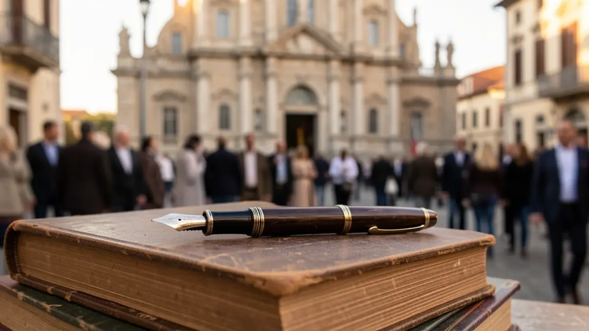 Generic image of an antique fountain pen on books, with a Mediterranean town hall in the background.