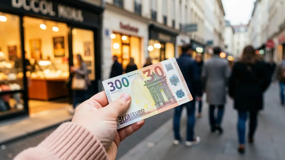 Imatge genèrica d'un val de 300 euros en mans d'un nadó, amb comerços locals difuminats al fons.