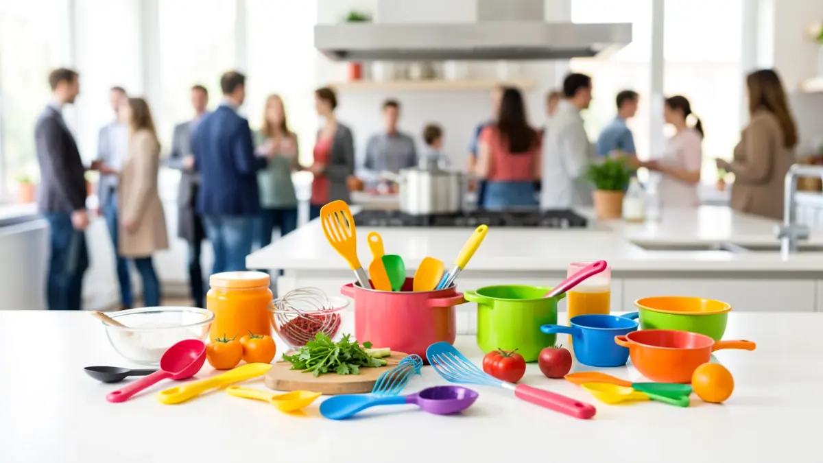 Generic image of children's cooking utensils and ingredients playfully arranged on a counter, with a blurred background of a modern kitchen.