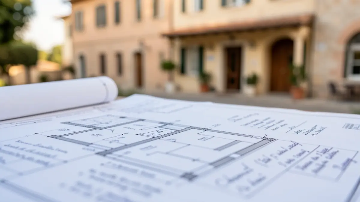 Imatge genèrica de plànols arquitectònics amb notes i una façana d'estil mediterrani al fons.